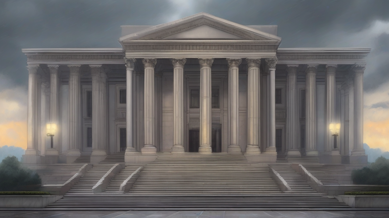 A neoclassical bank facade under storm clouds at dawn with wet marble steps