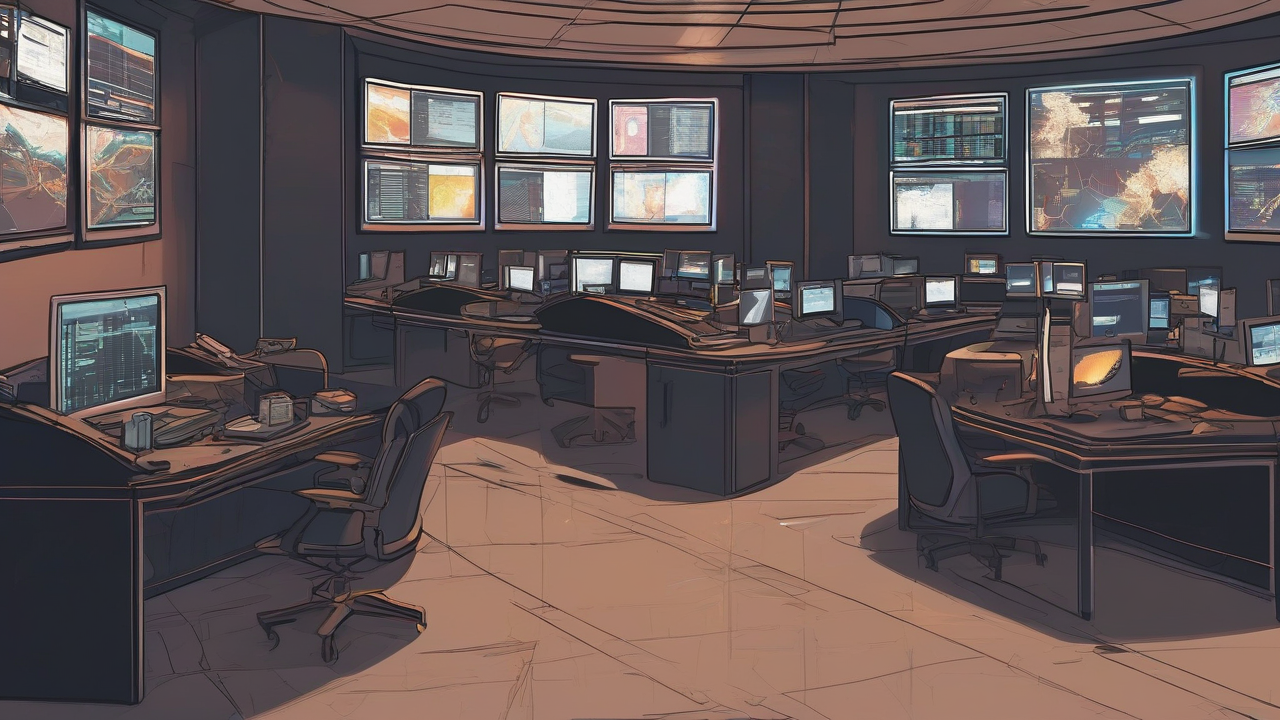 Curved lines climbing a dark trading wall above an empty desk at night