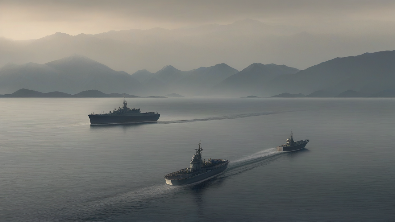A lone escorted tanker crossing an otherwise empty strait at dawn beneath a warship silhouette