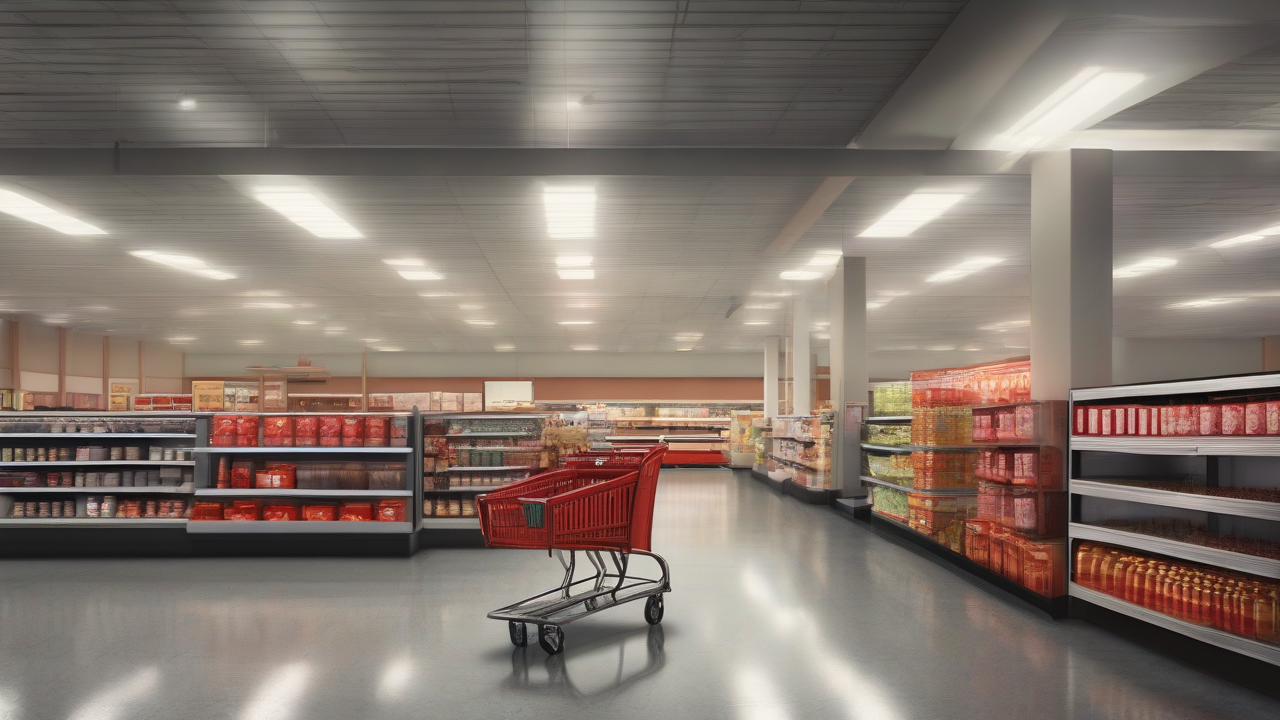 An empty checkout lane in a cavernous big-box store lit by red exit signs at dusk