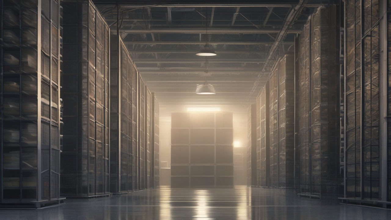 Towering server racks stacked on columns of bond certificates inside a dark warehouse lit by a single work lamp