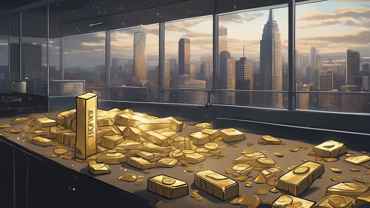 A gold bar gleaming on a dark trading desk above scattered bond tickets and falling ticker tape