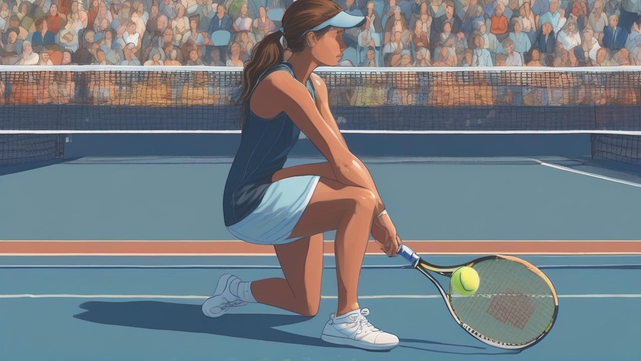 A tennis player sinking to both knees on a blue hard court with racquet raised while a stadium crowd rises blurred behind her