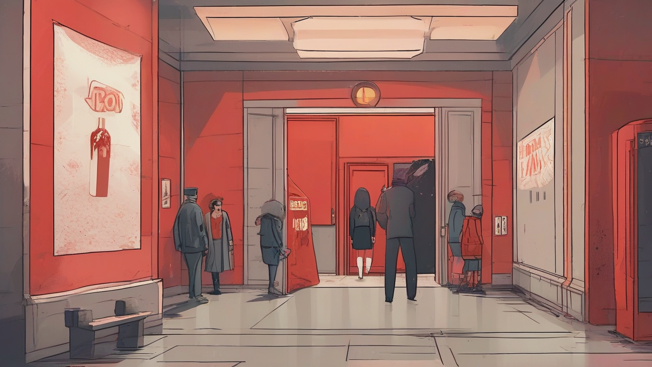 A midnight multiplex lobby with a long ticket line under a glowing red door while a faded spider poster peels on the wall behind