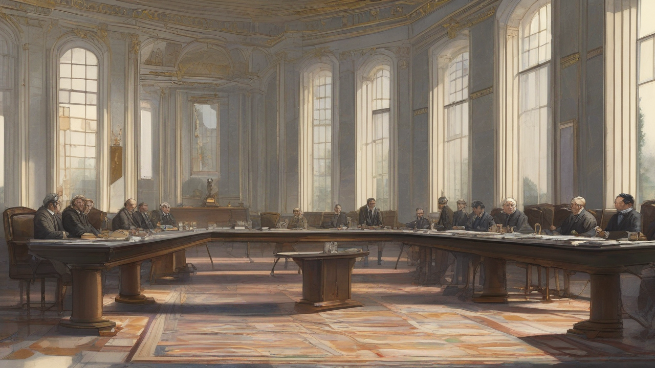 Two camps of officials facing each other across a long session table in a marble hall, oil shipping charts spread out between them