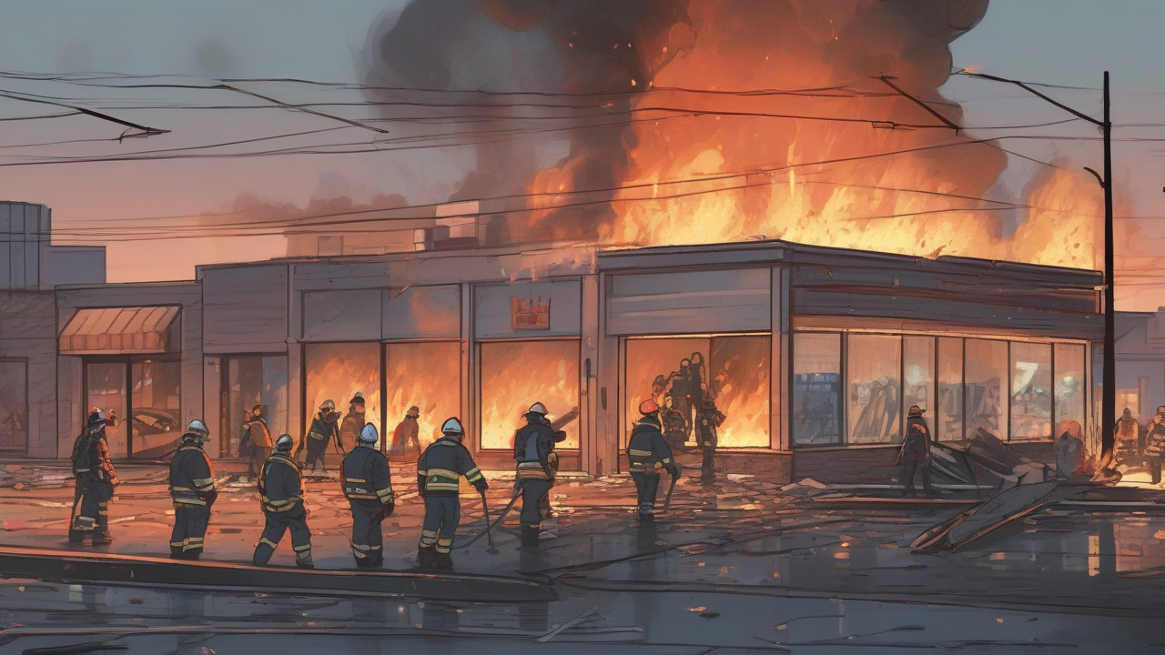 Rescue workers carrying stretchers through shattered glass in front of a burning shopping center at dusk