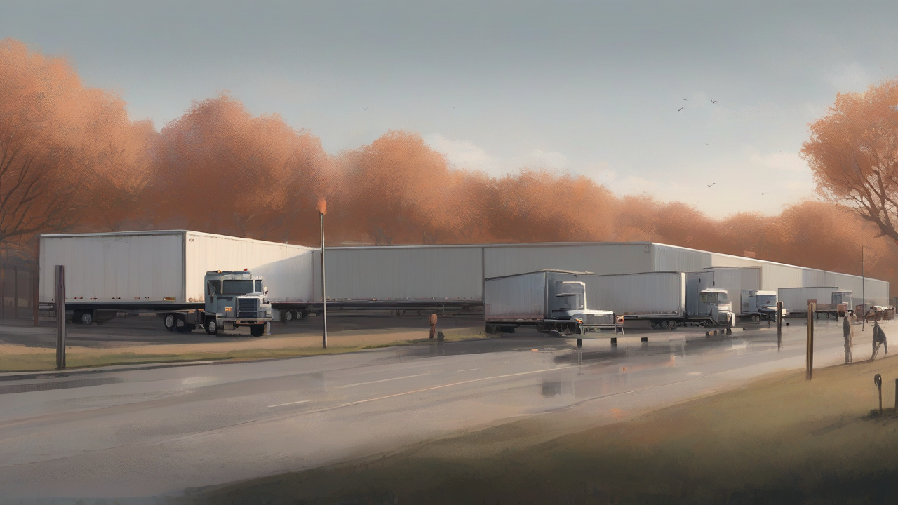 Freight trucks queued in two lines at a quiet border crossing under gray morning light