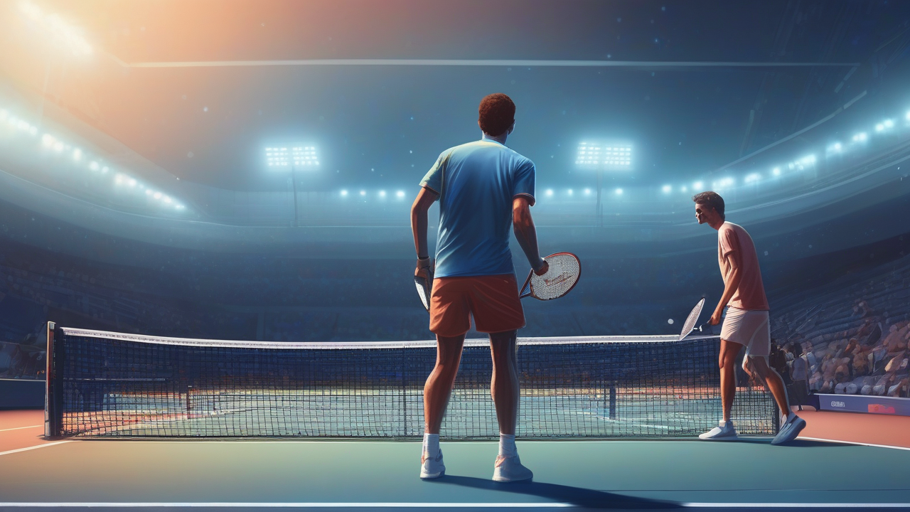 Two tennis players meeting at the net with raised rackets under stadium lights and a standing crowd behind