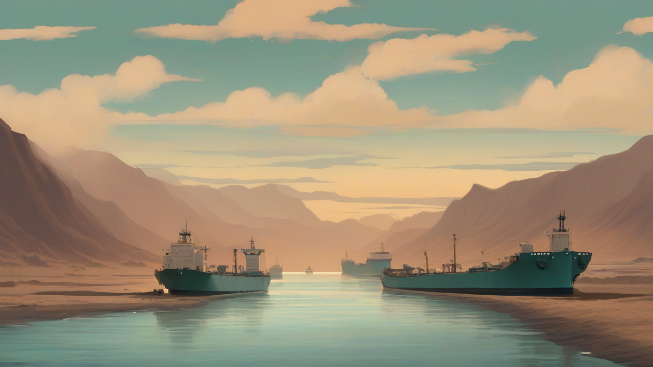 A line of loaded oil tankers steaming single file through a narrow desert strait at first light