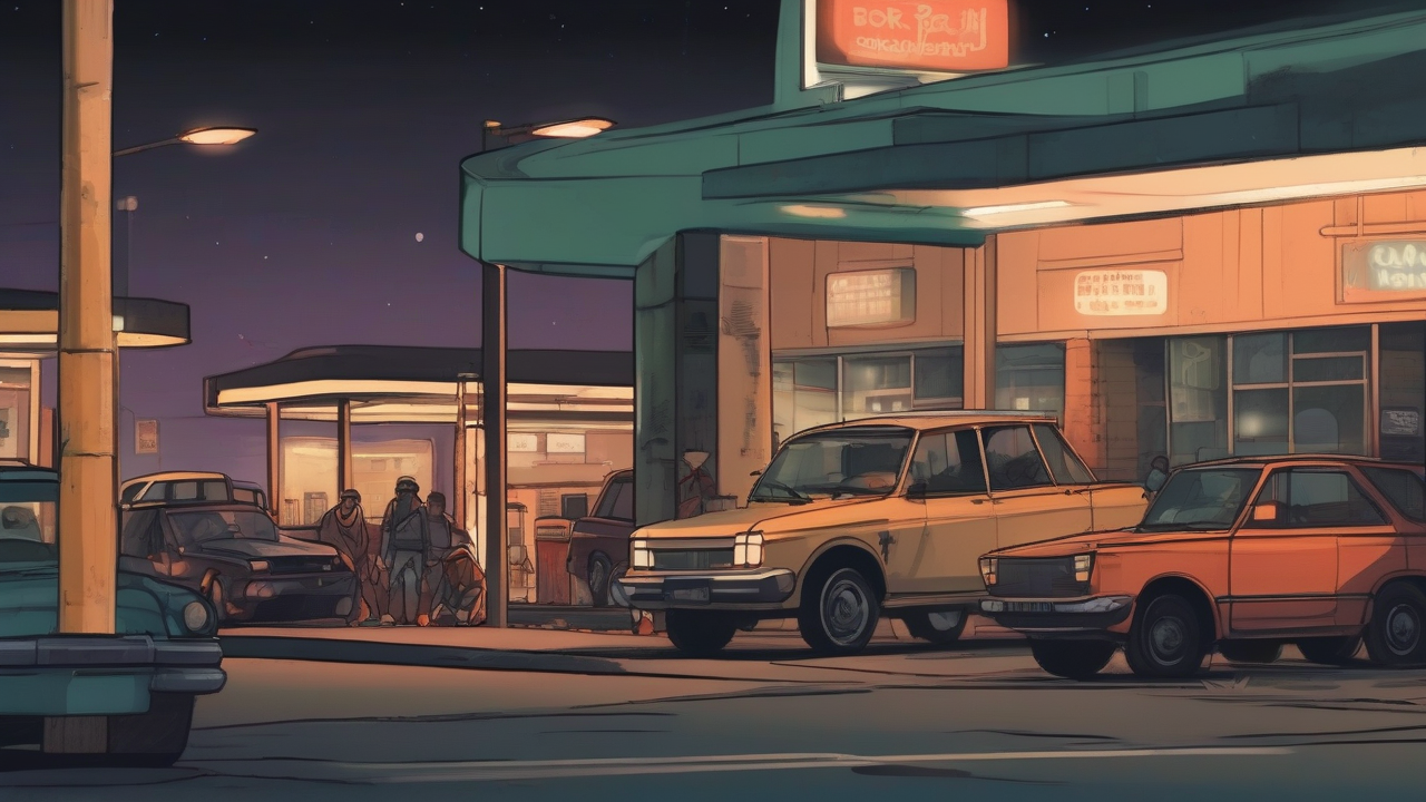 A long line of cars queued at night beside a dimly lit city gas station