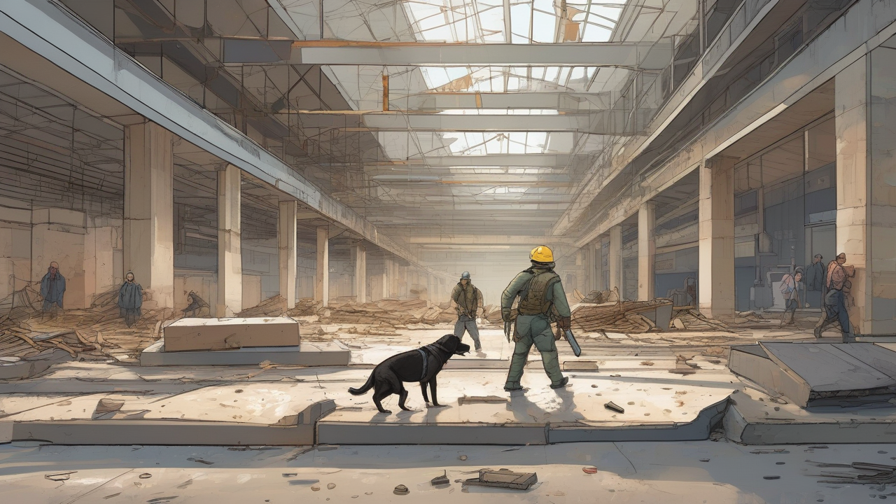 Search workers and a dog team moving through collapsed concrete slabs of a shopping center in morning light