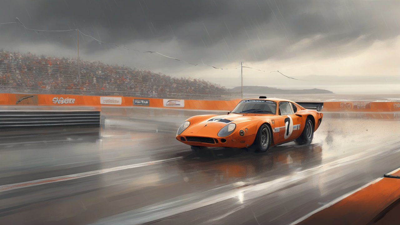 A race car crossing the finish line as rain streaks begin hitting a dune-lined coastal circuit