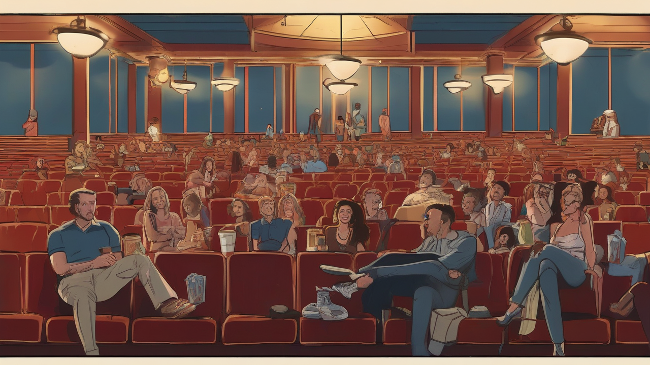 A packed movie theater lobby at night with glowing blank posters above a crowd clutching popcorn tubs