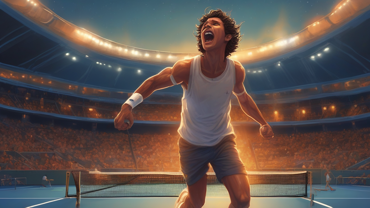 A young tennis player roaring skyward on a blue hard court at dusk, arms flung wide, towel draped over his shoulders