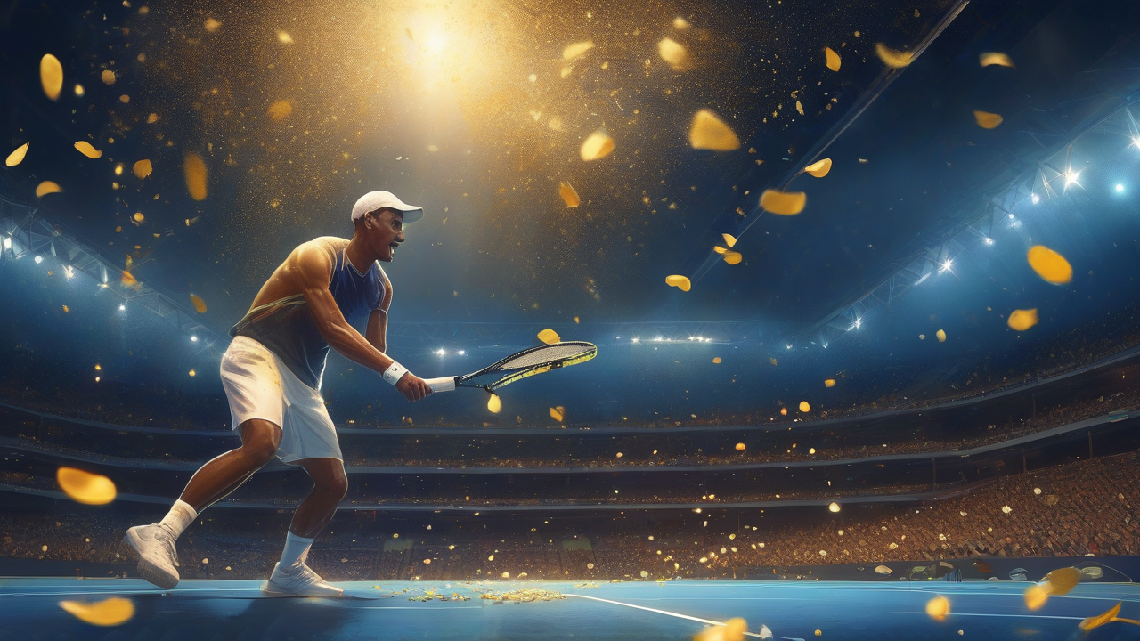 A tennis player sinking to both knees on a blue hard court at night, racket arm raised toward floodlit stands