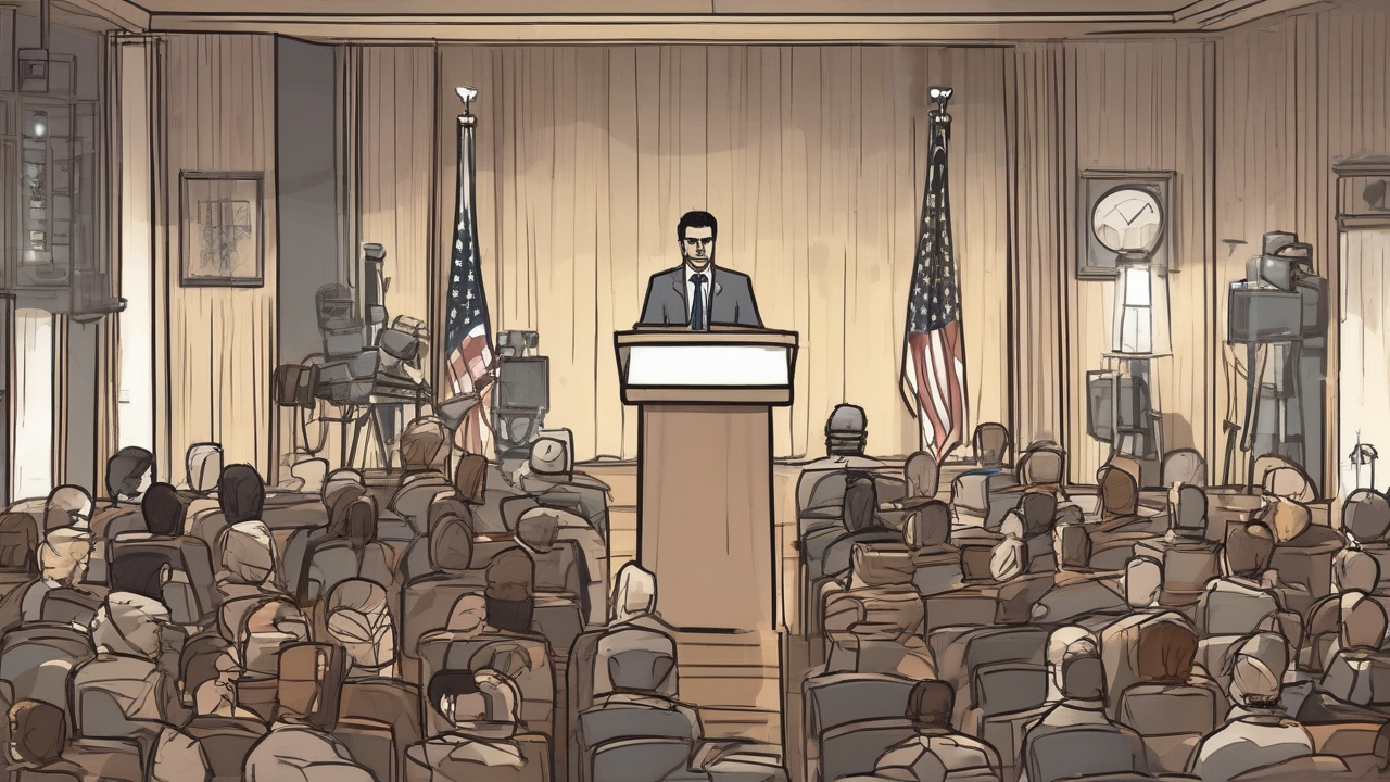 A lone spokesman at a wooden podium facing a dense thicket of microphones under harsh lights