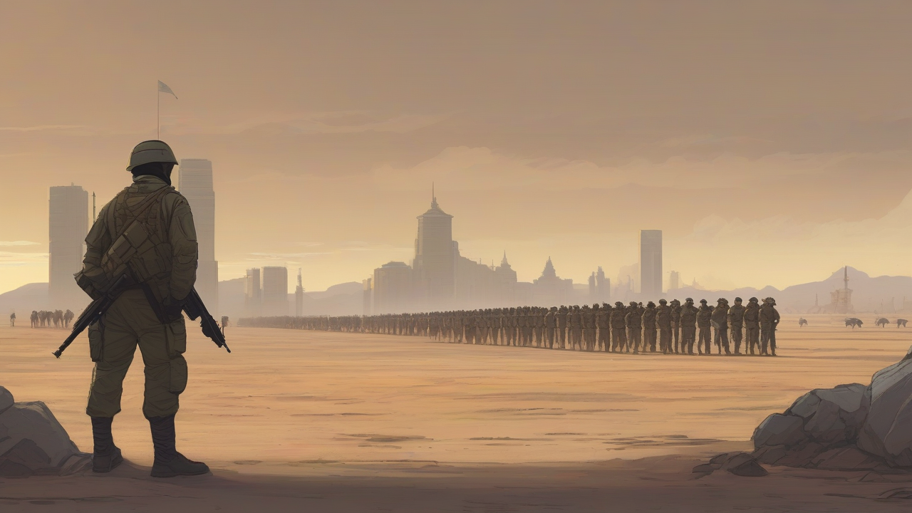 Rows of uniformed internal security personnel standing in formation across a vast dusty parade ground beneath a hazy mountain skyline at dawn