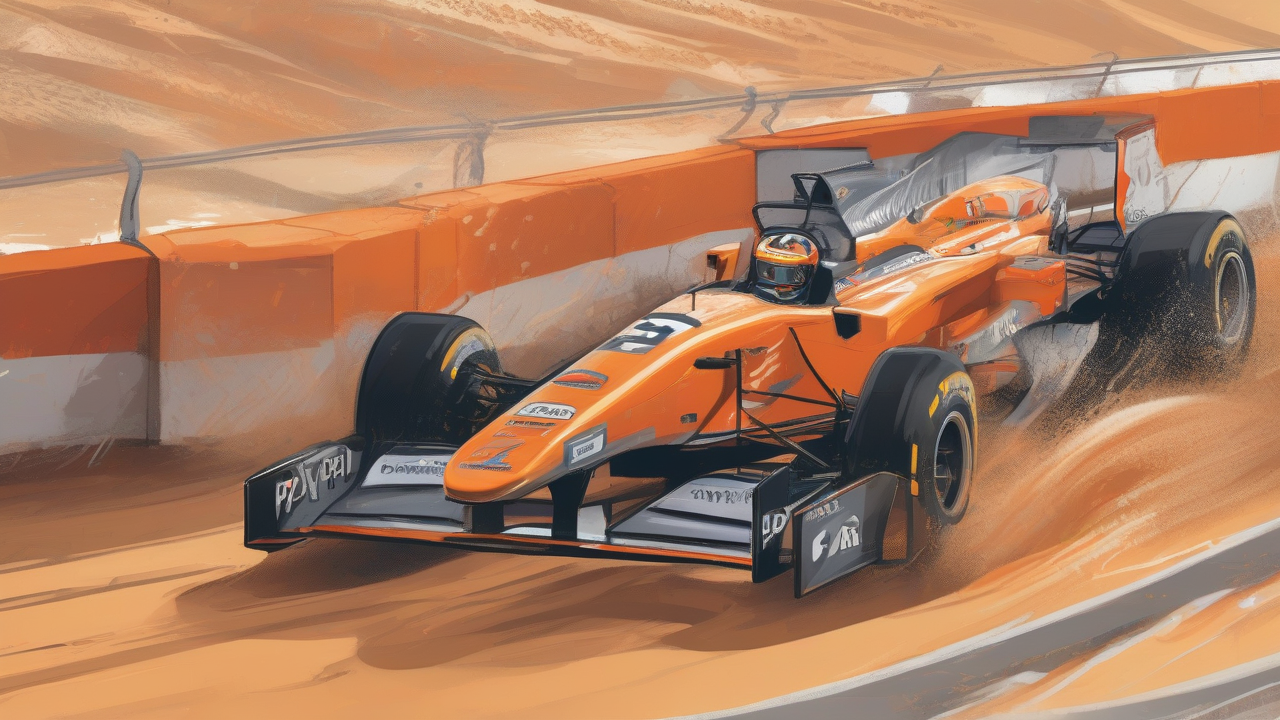 A papaya-orange Formula 1 car cresting a dune-backed coastal circuit curve before packed grandstands in evening light