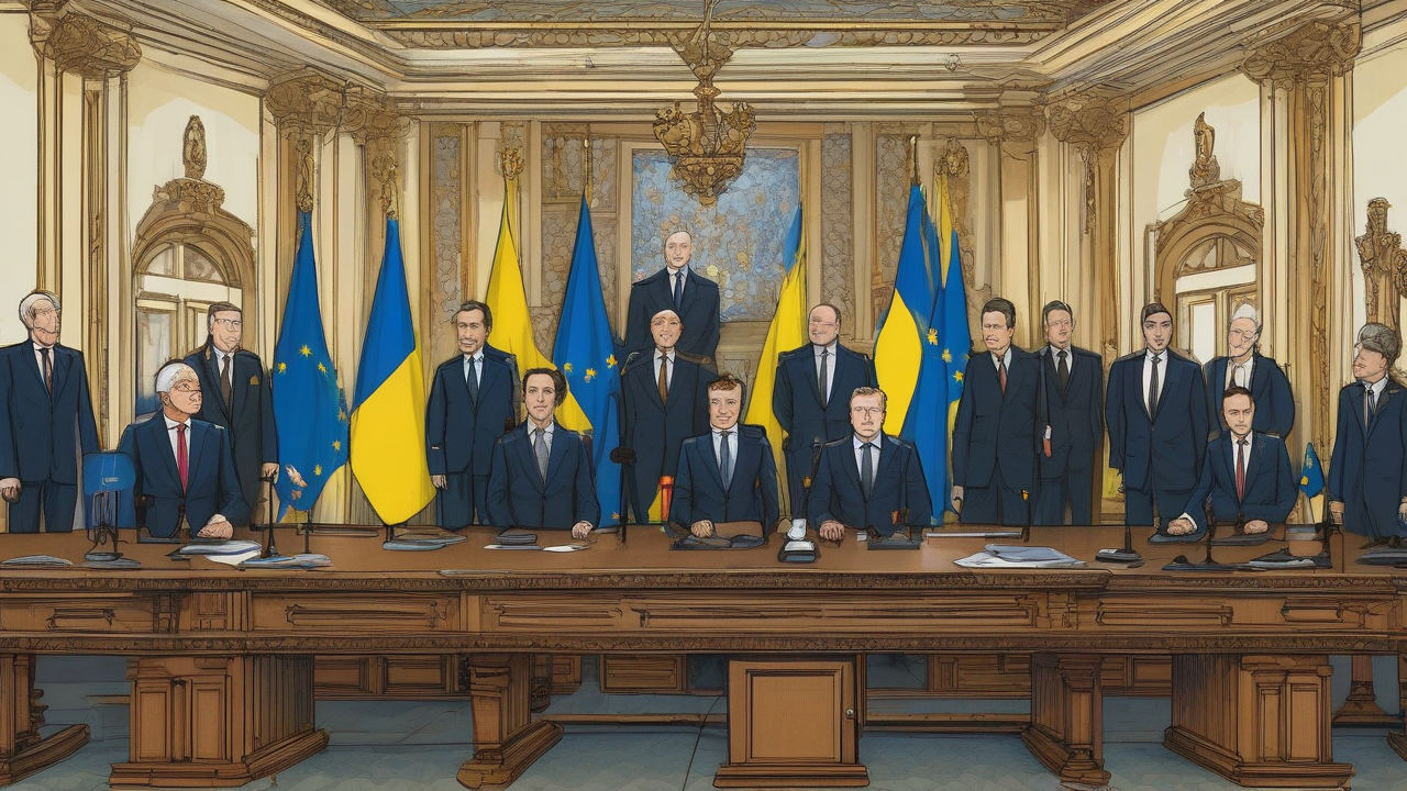 European leaders standing shoulder to shoulder at a long table with Ukrainian flags behind them in a formal government hall