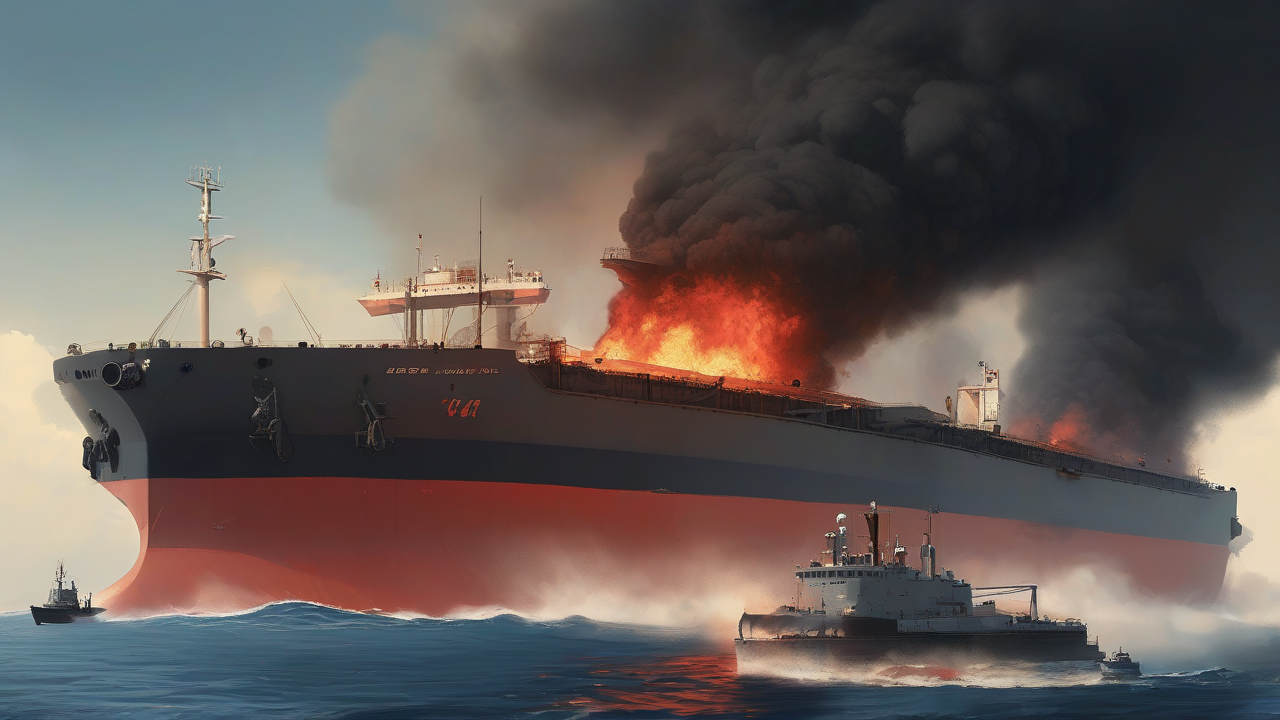 A burning supertanker listing slightly in open blue water with a dark smoke column drifting across the horizon