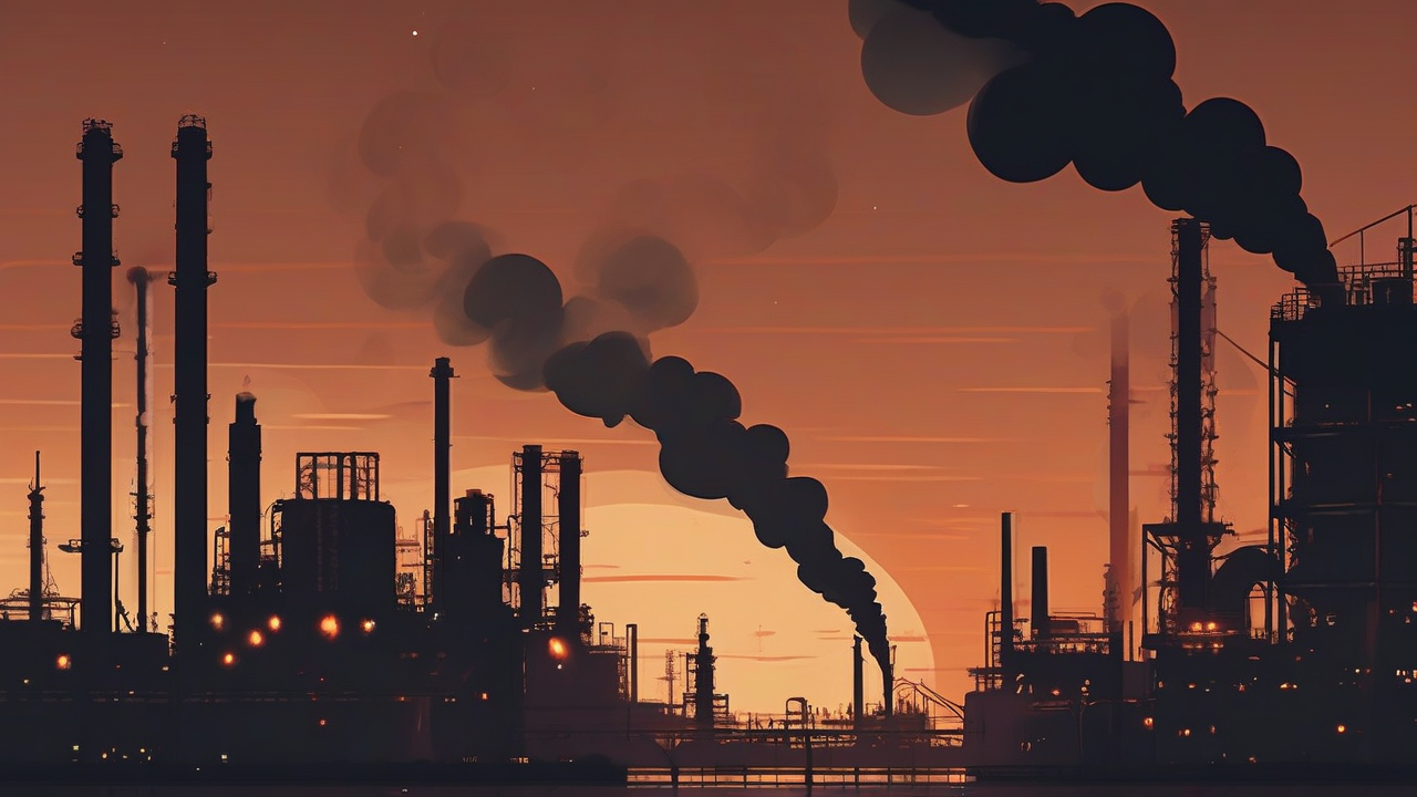 A burning fuel refinery complex at night seen from a distance with government towers silhouetted on the horizon
