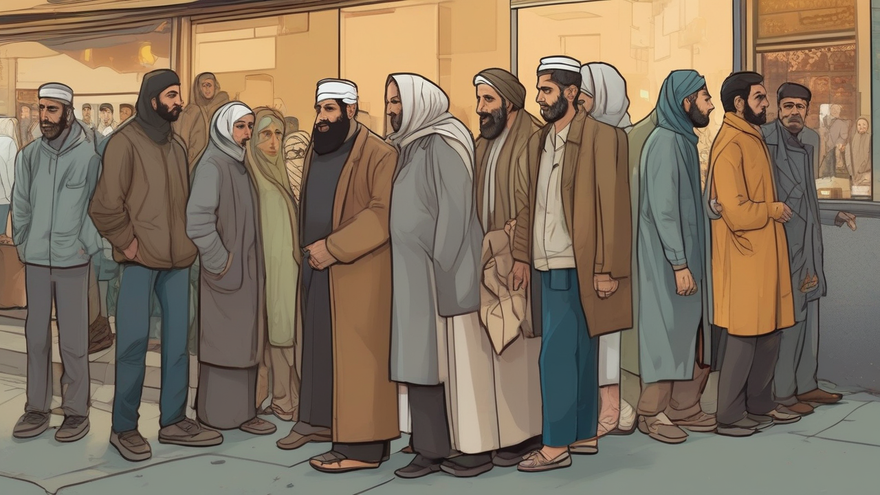 A long queue of people in ordinary clothes waiting along the sidewalk outside a shuttered exchange shop at dusk