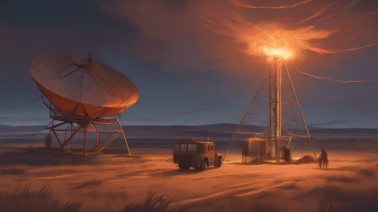 A radar dome and antenna array engulfed in flame on open steppe terrain under a night sky lit orange