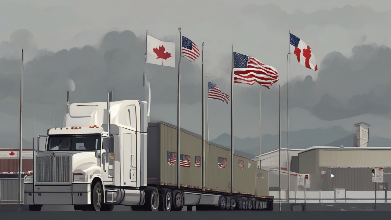 A freight truck queue at a border crossing plaza under grey skies with Canadian and American flags on adjacent poles