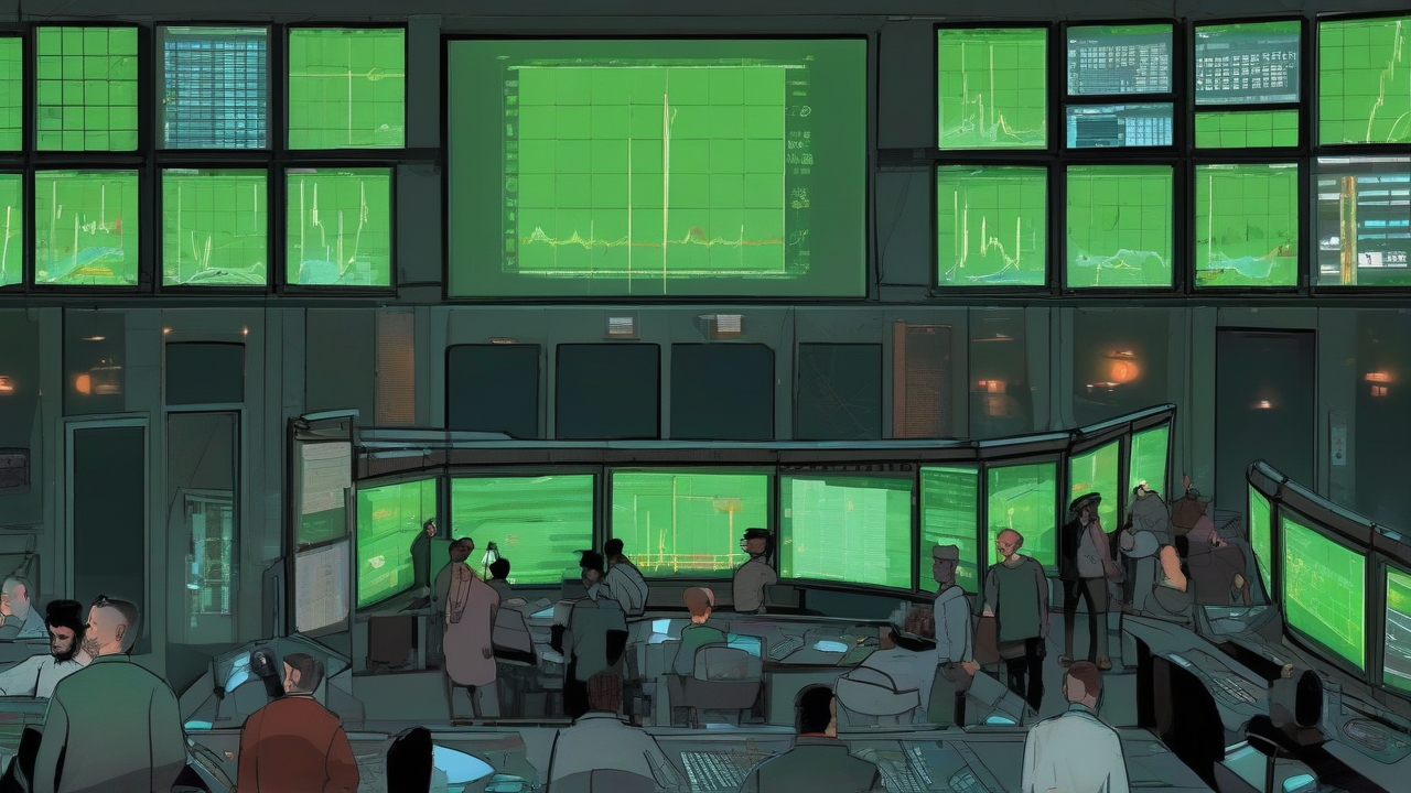 A trading floor of dark terminals at dusk with one large green chart glowing upward across a wall display