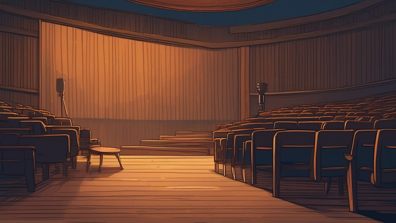 A single spotlight on an empty stage with a microphone stand and a stack of books where a performer would stand