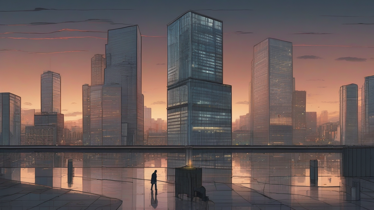 A vast financial district skyline at dusk with one bank tower lit while the surrounding towers stand dark