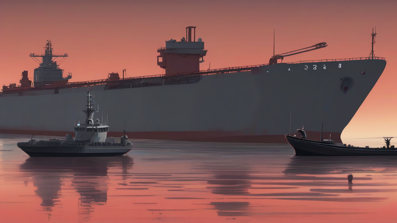 A naval incident response scene at dusk with a damaged tanker hull and two escort vessels on grey-red water