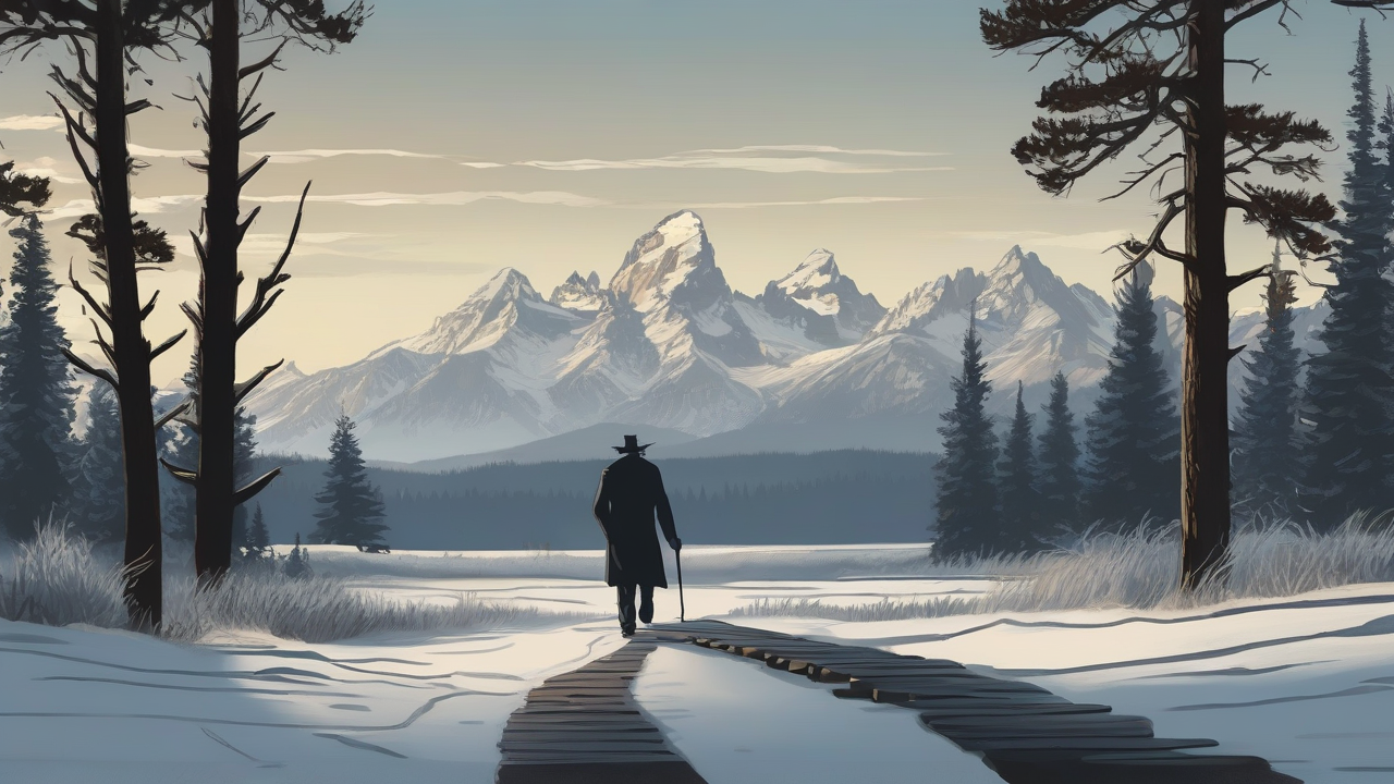 A lone figure walking a wooden path toward a grand mountain lodge at dawn with frost on the ground