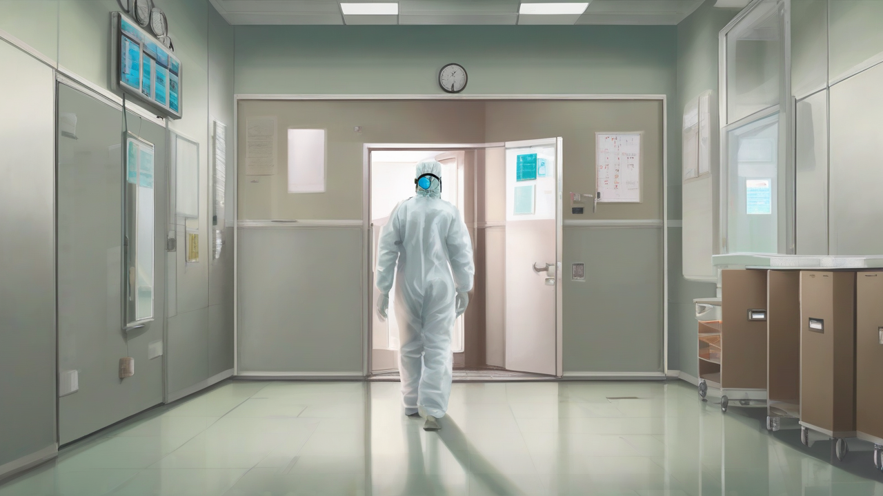 A health worker in full protective gear walking past a wall-mounted case-count tally board in a field clinic
