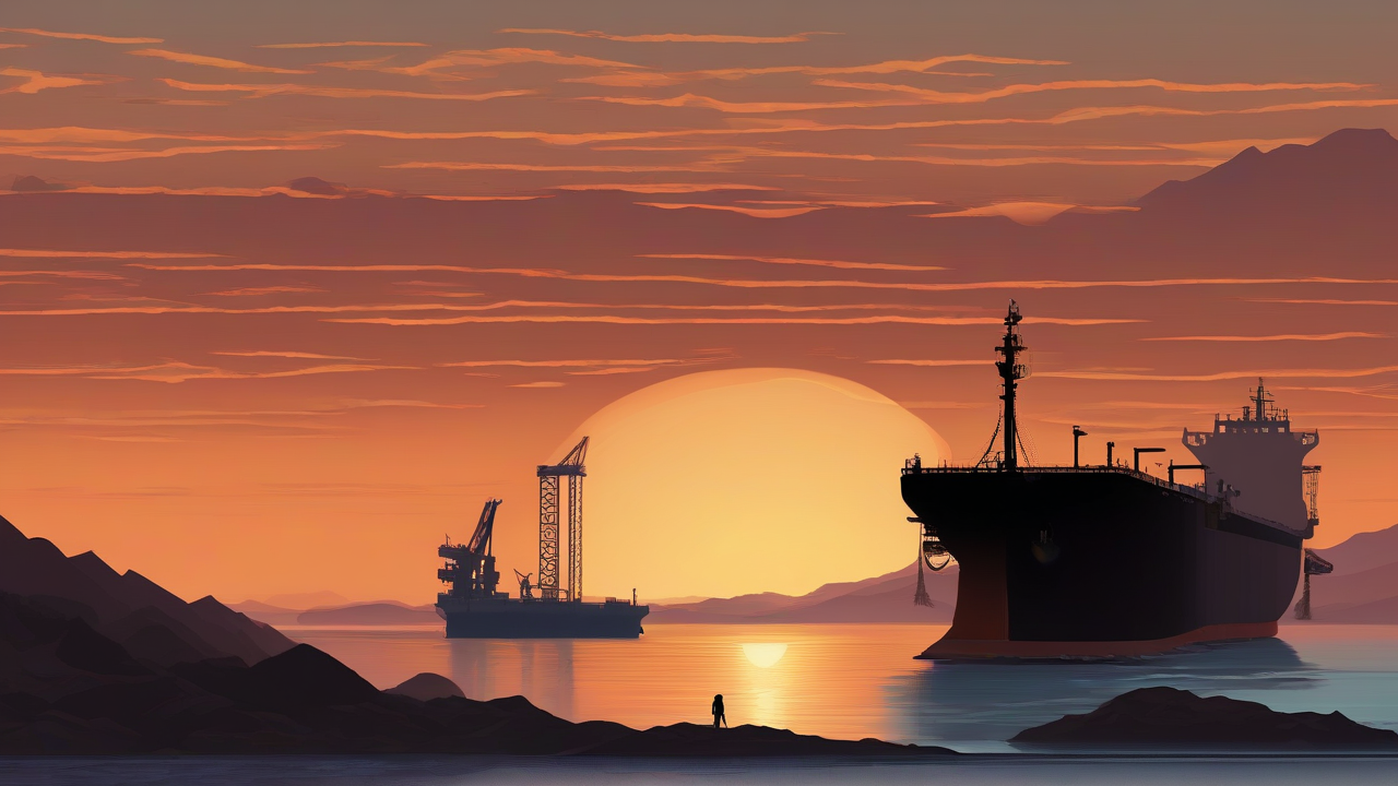 An oil tanker silhouetted against the Strait of Hormuz at dusk with a distant pipeline construction crane on the horizon