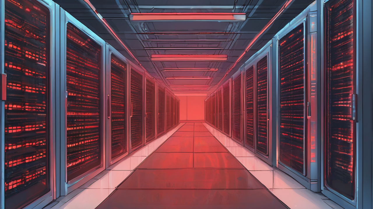 A vast data center corridor of glowing server racks with a small red tag hanging off one rack like a warning label