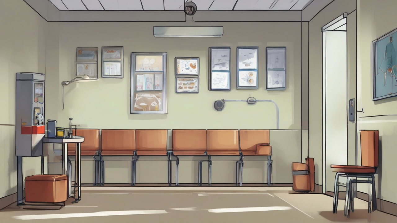 An empty pediatric clinic waiting room with a single vaccine vial resting on a tray under muted light