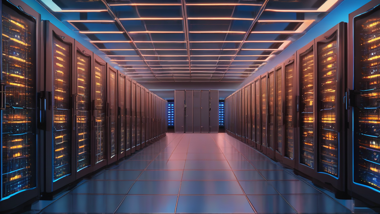 Rows of glowing server racks receding into darkness in a vast data center corridor