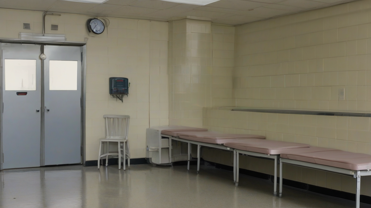 An empty school nurse's office with a vaccine refrigerator cabinet standing closed