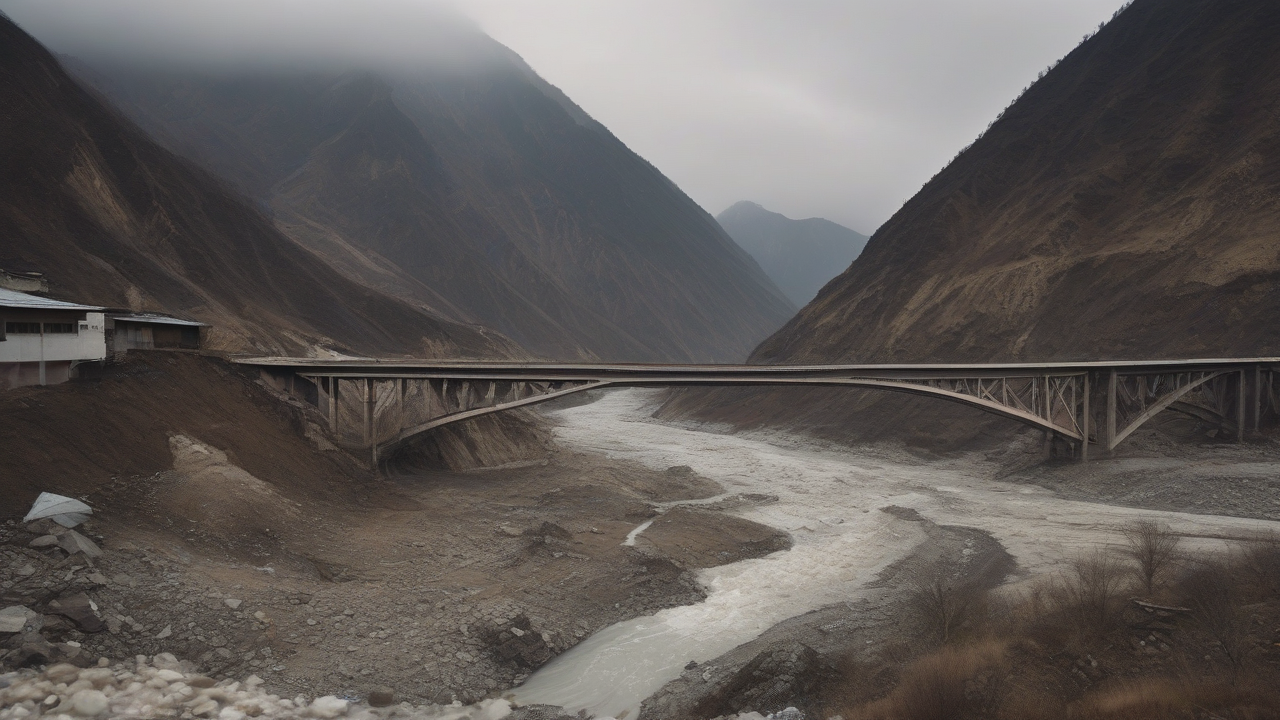 A steep Himalayan river valley filled with mud and flood debris beneath a collapsed, ice-scarred slope