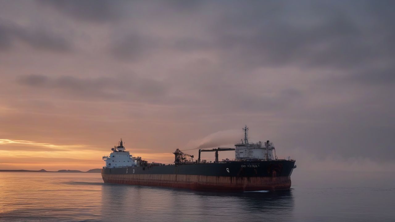 A damaged oil tanker anchored near a rocky strait coastline at dusk, smoke still rising from a hull breach
