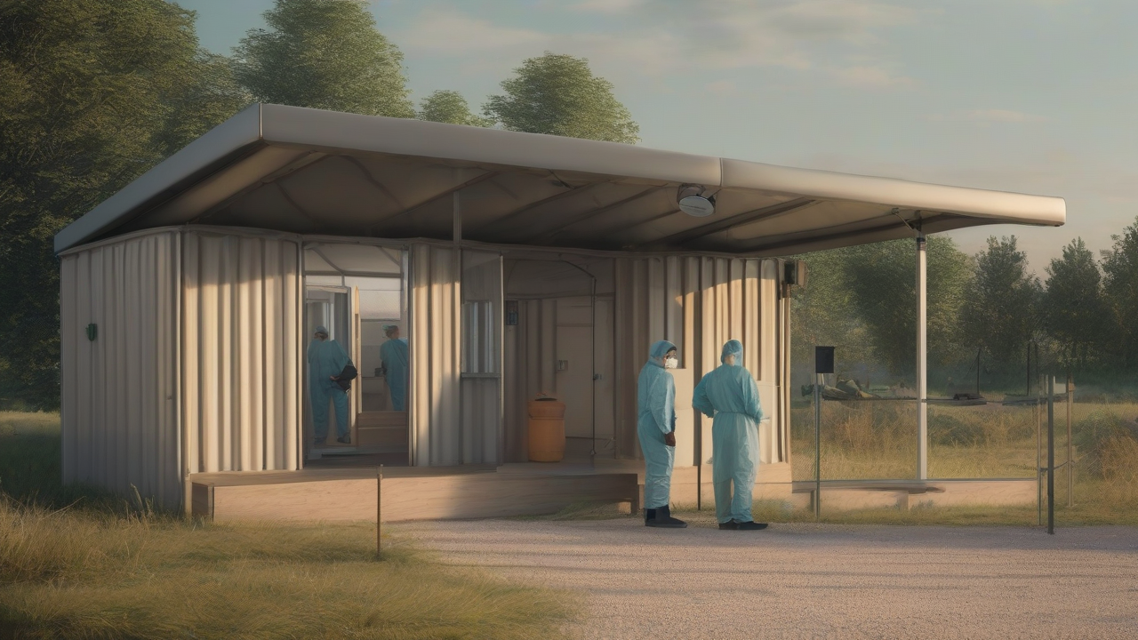 A health clinic doorway with a closed sign on one side and an active treatment tent visible in the distance
