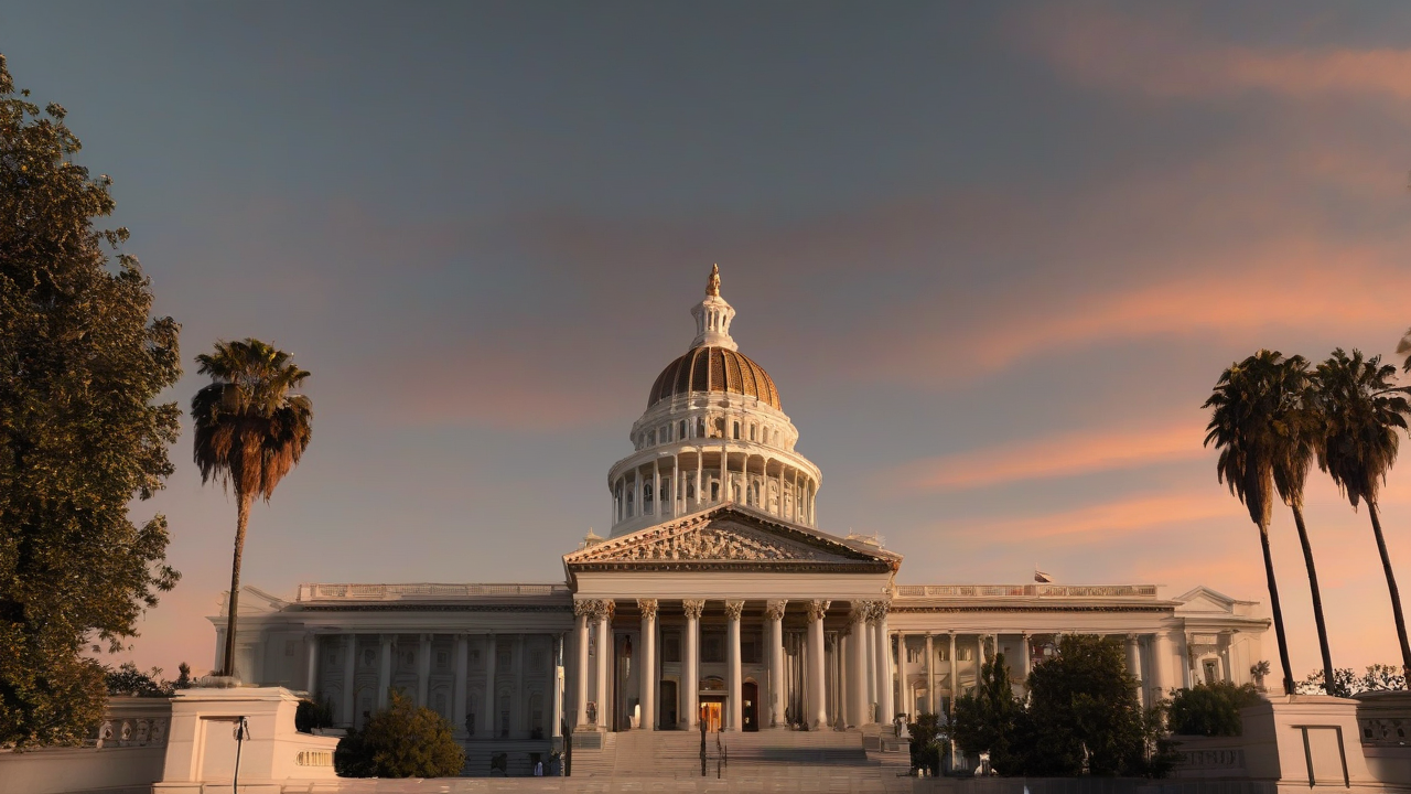 The California state capitol dome with a data-center server rack silhouette overlaid against the sky