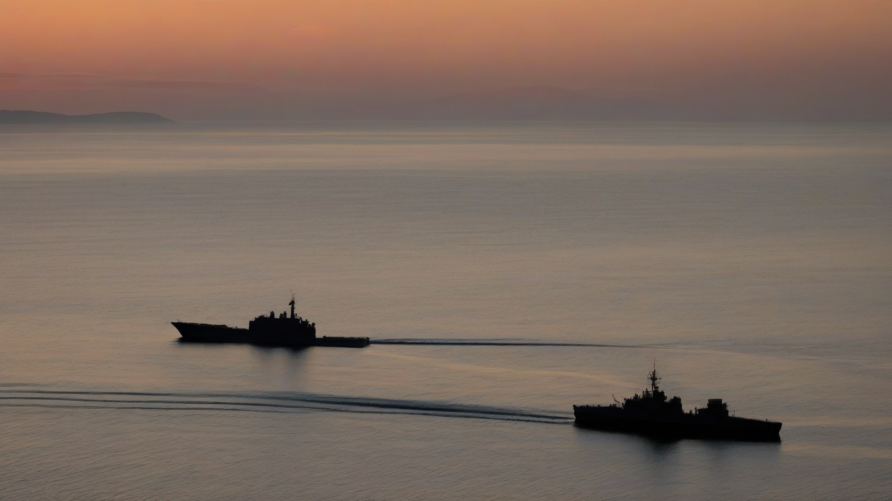A naval patrol boat silhouette against a strait shipping lane at dusk