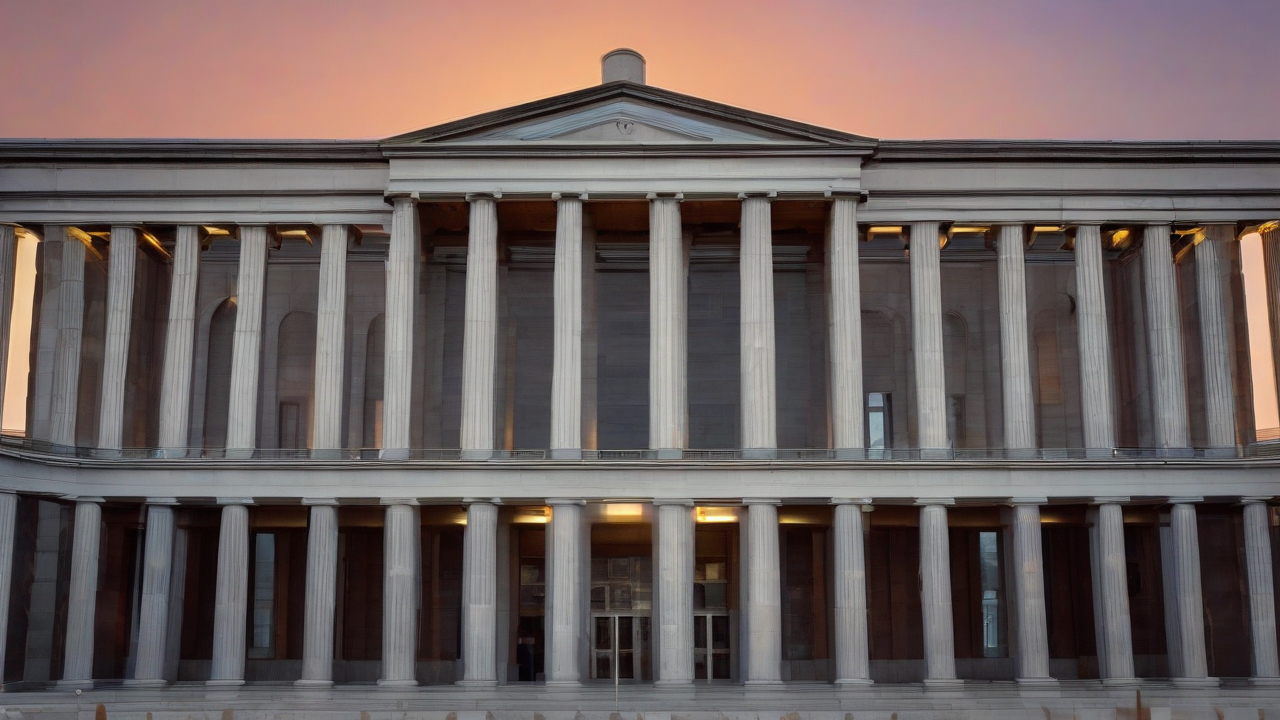 A federal courthouse facade beside an abstract illuminated microchip silhouette