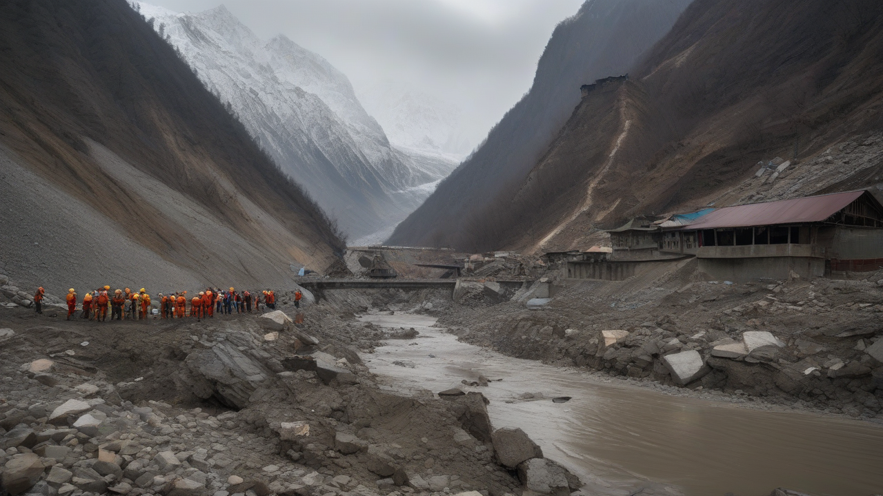 Rescue workers searching flood debris in a steep Himalayan river valley beneath a collapsed, ice-scarred mountainside