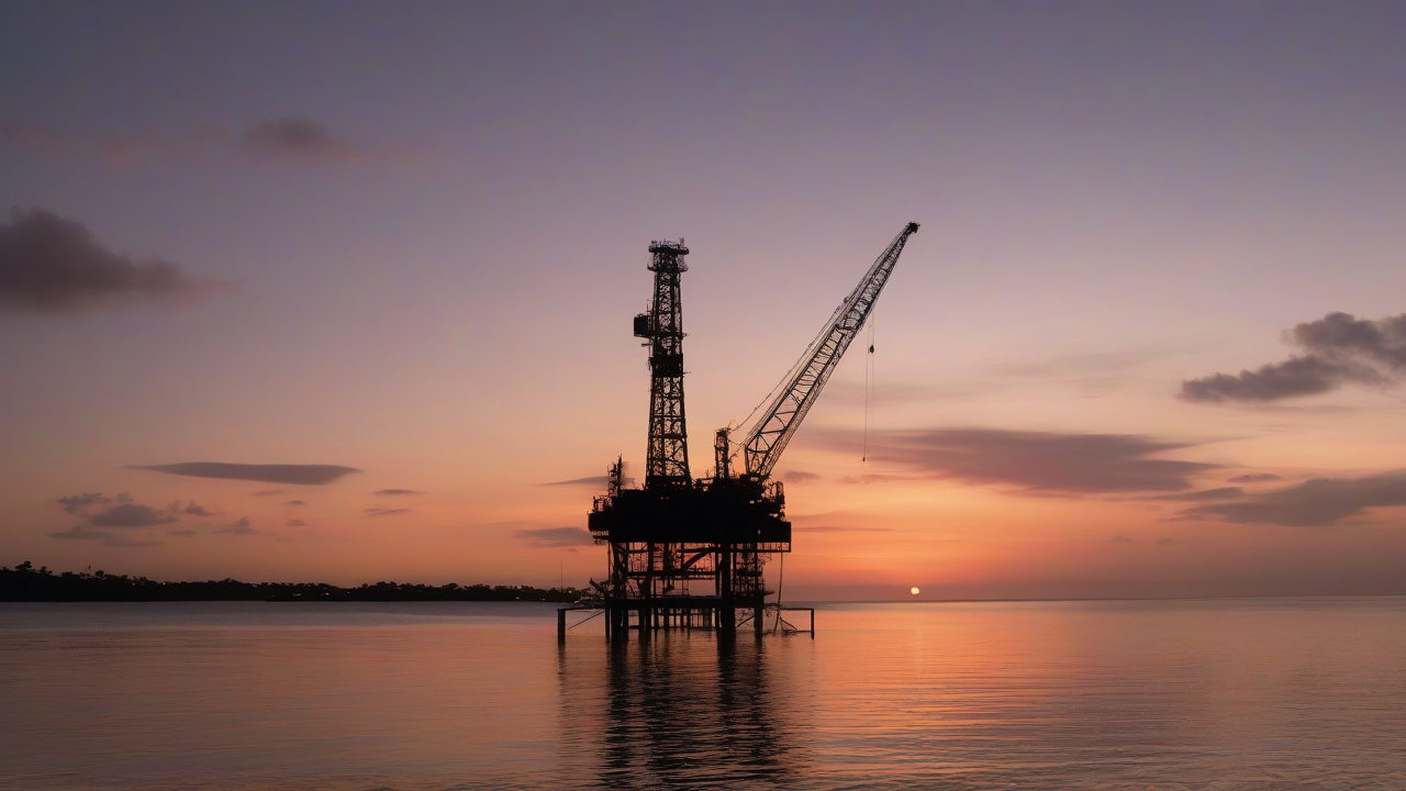 An oil derrick silhouette against a tropical coastline at dusk
