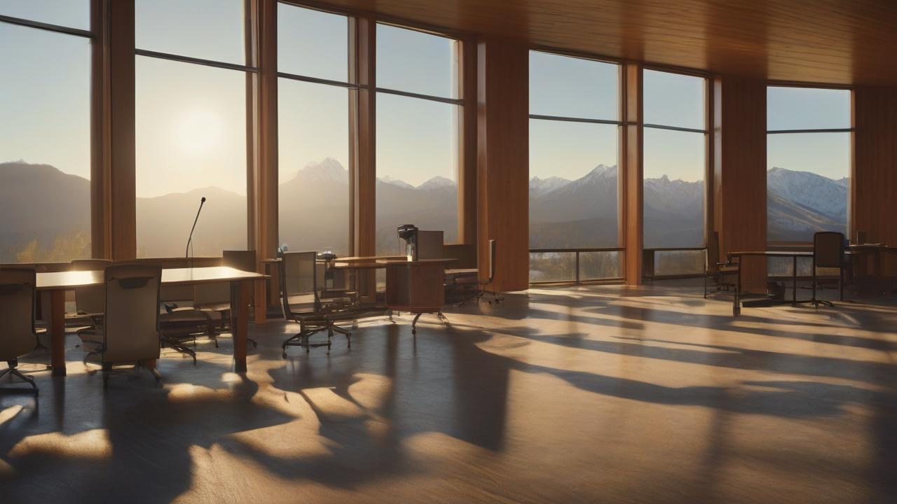 An empty conference-room podium at a mountain lodge with a data-center server rack silhouette reflected in the window behind it
