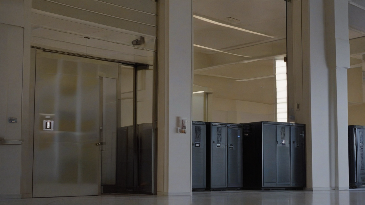 The California state capitol dome beside a data-center server rack silhouette, dusk
