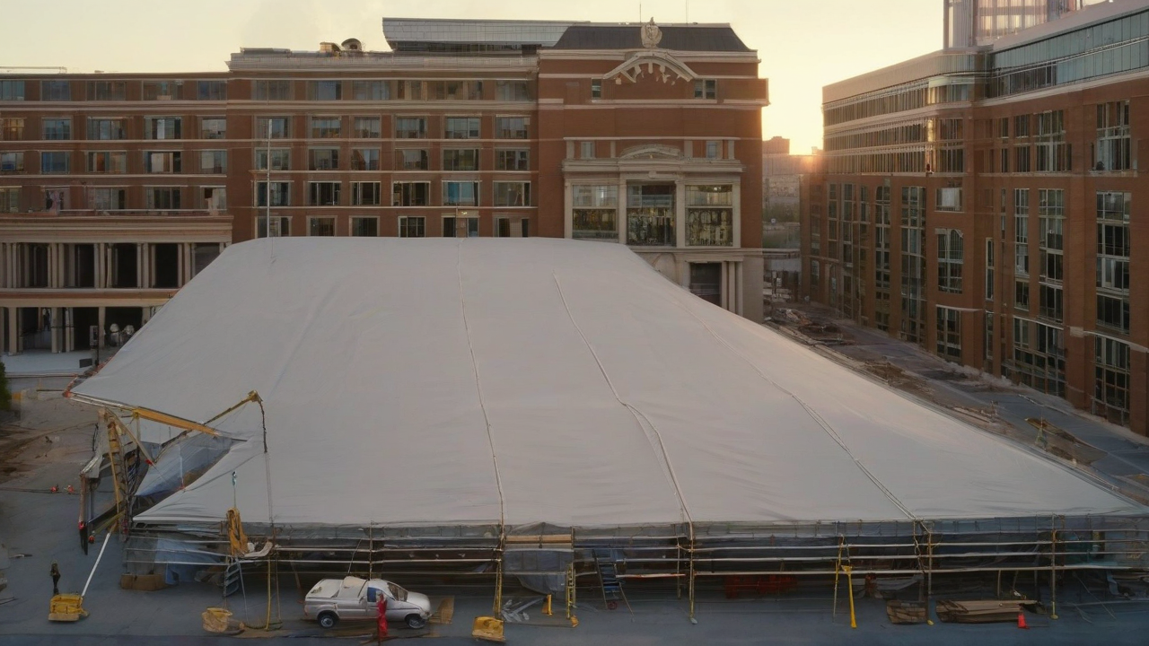 The Kennedy Center's exterior facade at dusk with scaffolding visible